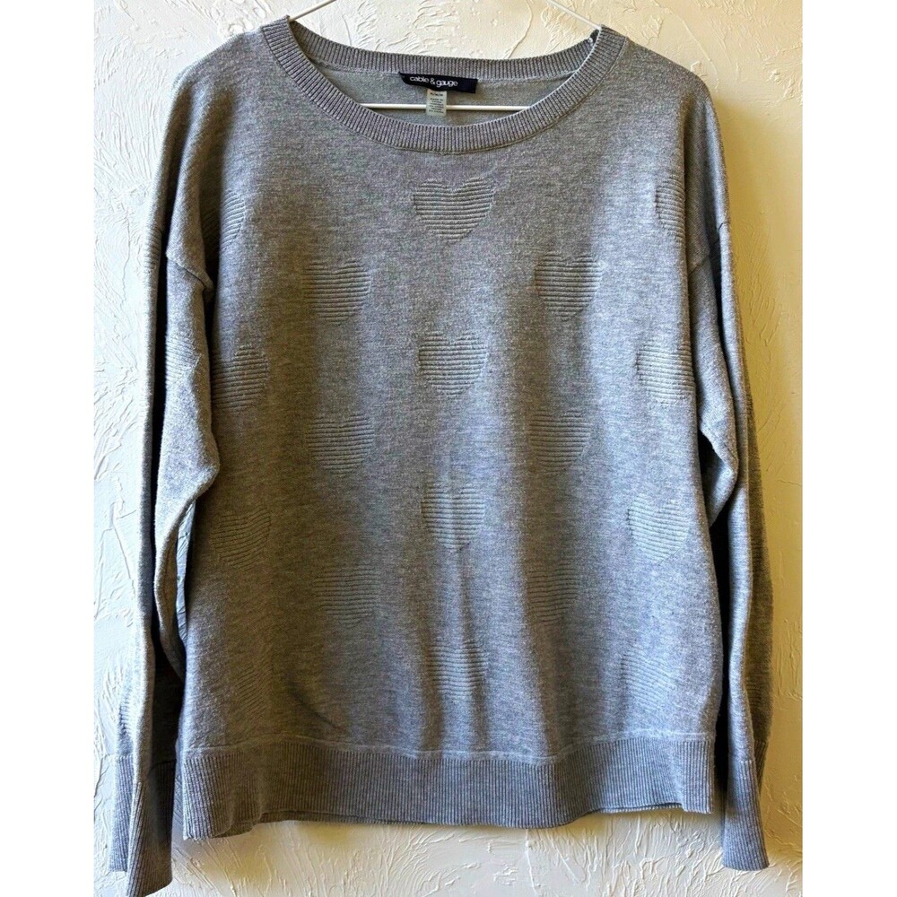Cable & Gauge Womens M Gray Heart Knit Crew Neck Long Sleeve Pullover Sweater
